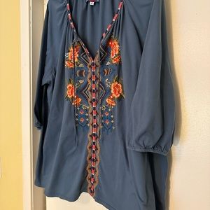 Johnny Was 2X heavyweight 100% cotton blue tie-neck embroidered shirt